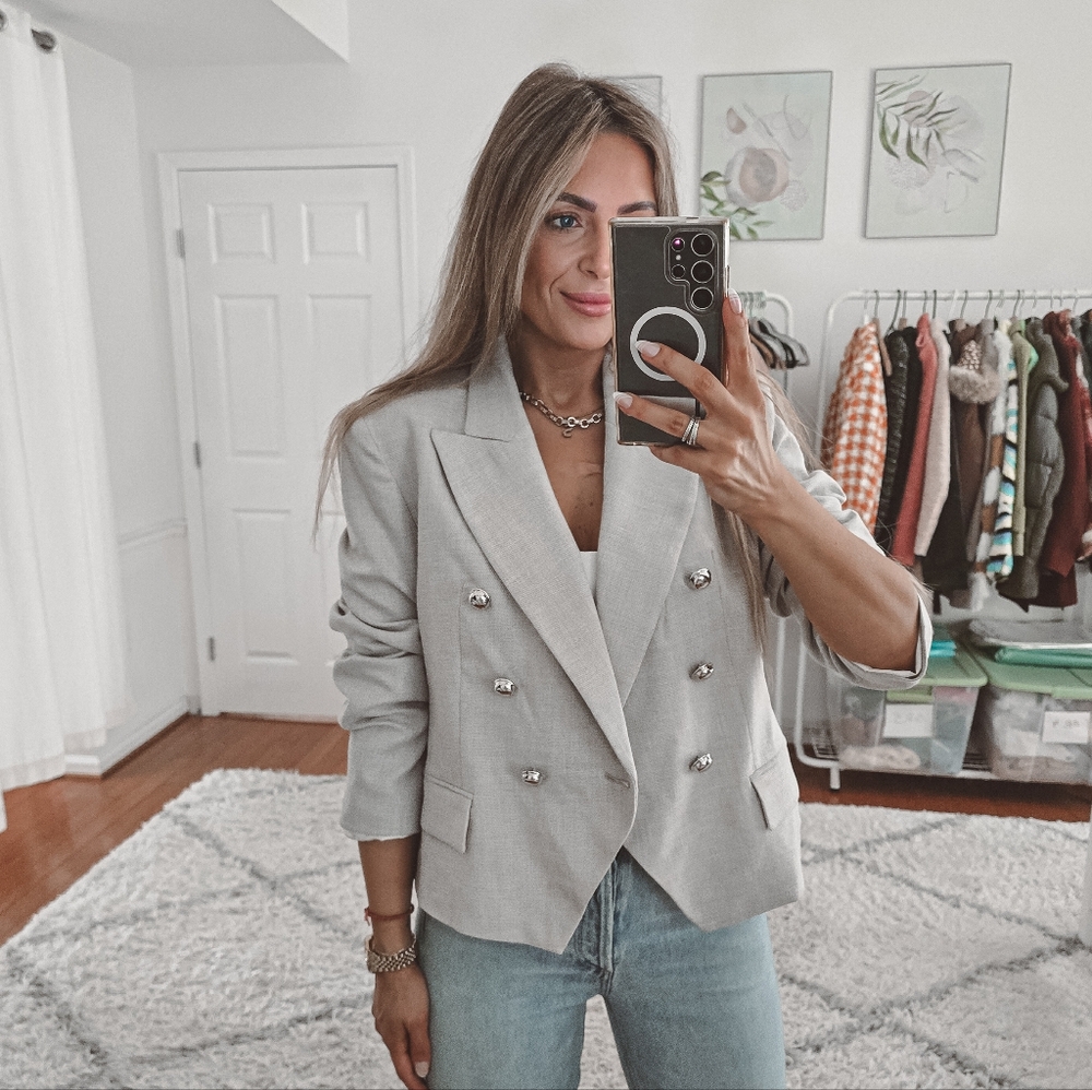 Zara gray double breasted cropped blazer jacket size L - Picture 4 of 11